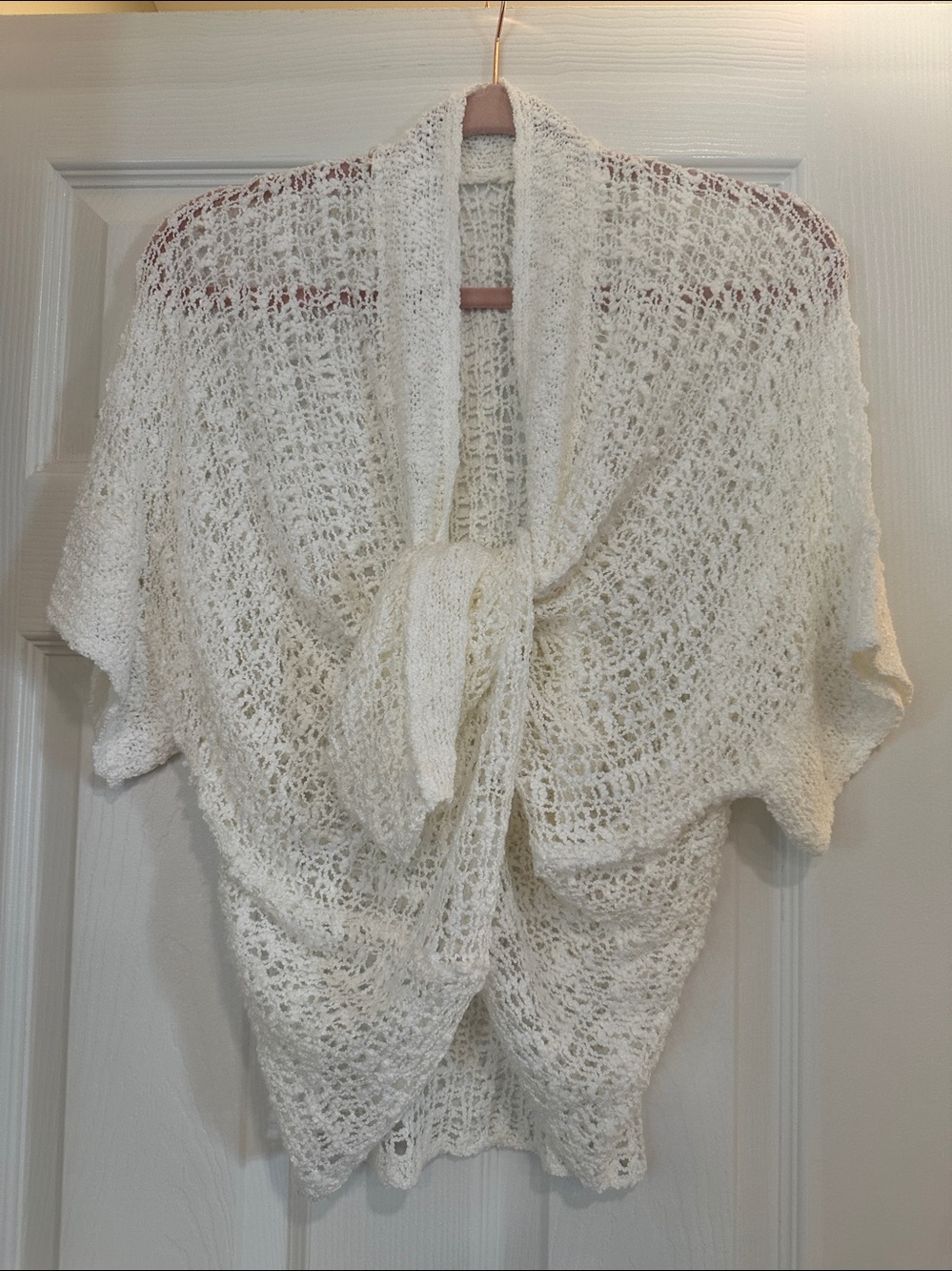 Open Knit White Women's Short Sleeve Cardigan.  Tie at front, or loose.